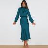 Women's Mock Neck Satin Dress Elegant Long Sleeve Elastic High Waist Formal Wedding Cocktail Party Midi (Dark Blue, S) view 2