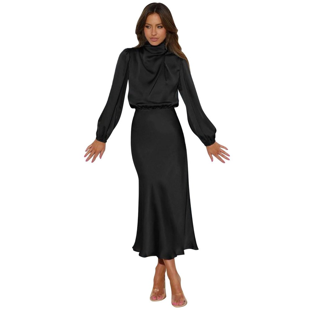 Women's Mock Neck Satin Dress Elegant Long Sleeve Elastic High Waist Formal Wedding Cocktail Party Midi (Black, XL)