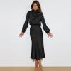 Women's Mock Neck Satin Dress Elegant Long Sleeve Elastic High Waist Formal Wedding Cocktail Party Midi (Black, XL) view 2