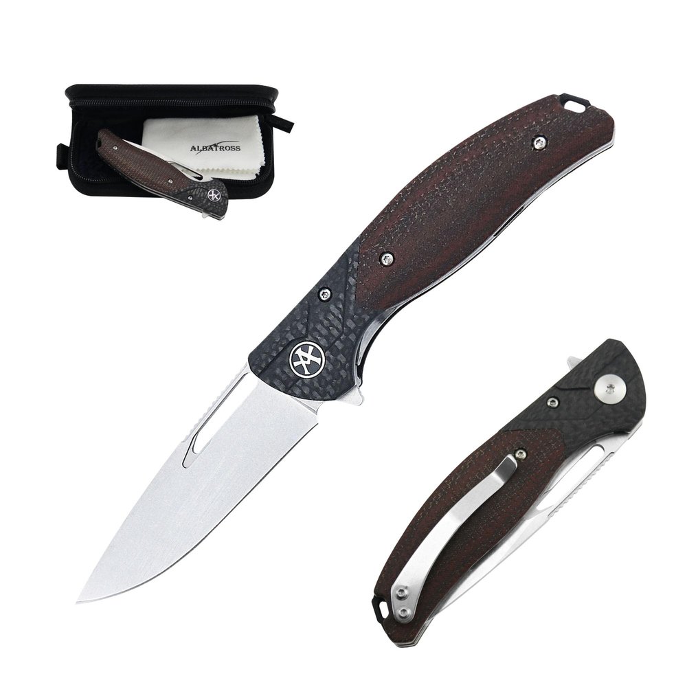 ALBATROSS EDC Flipper Pocket Knife - 3.5" D2 Steel Blade with Liner Lock, G10 Carbon Fiber & Micarta Handle for Everyday Carry, Outdoor Survival, FK053