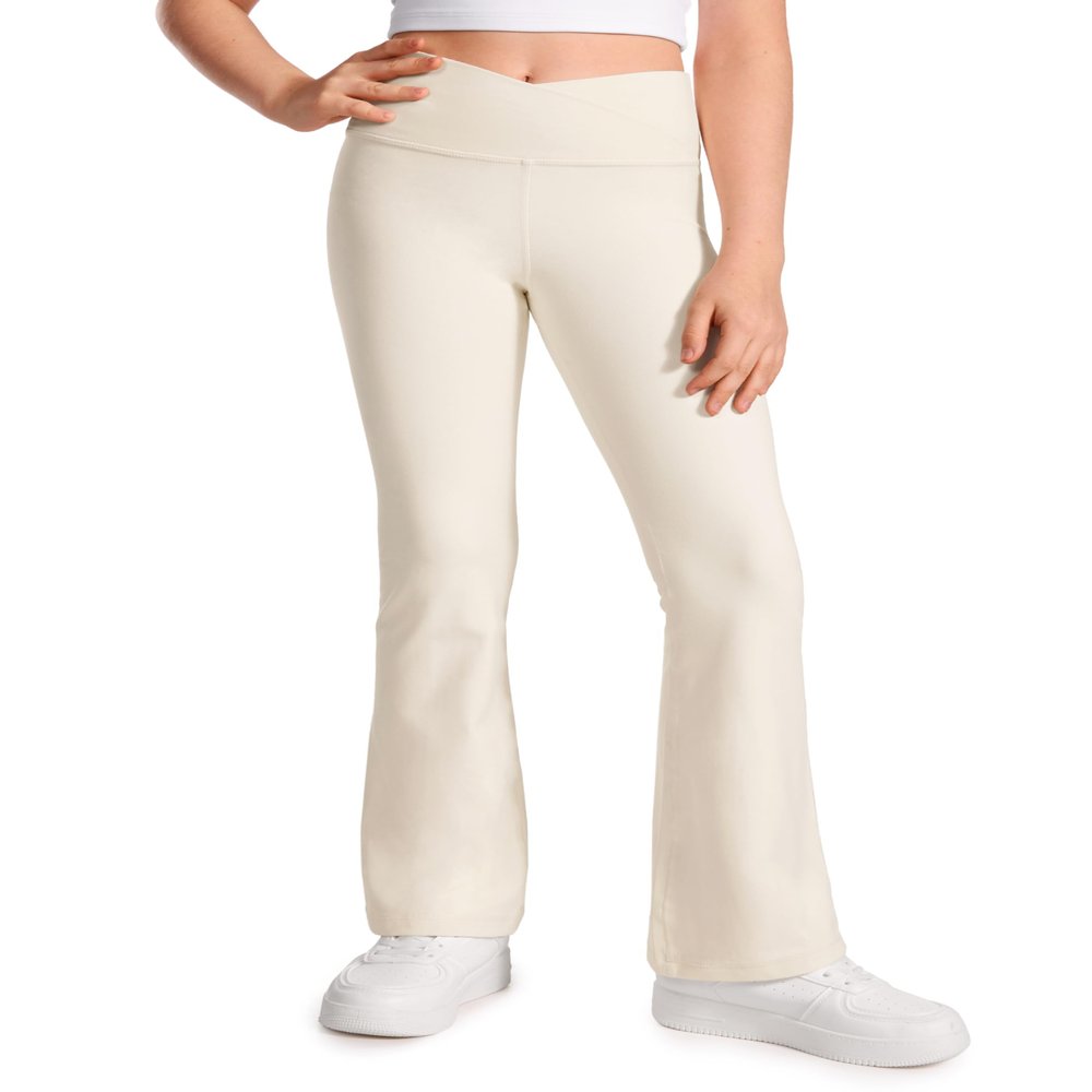 CRZ YOGA Girls Butterluxe Crossover Waist Yoga Flare Leggings - Dance Casual Athletic Pants Bell Bottoms Kids Teen White Apricot Large