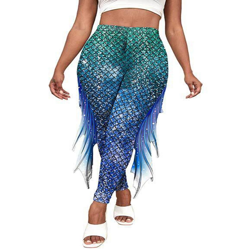 Hansber Women's Halloween Costume 3D Print Mermaid Leggings Fish Scale Compression Pants Cosplay Trousers Clubwear GreenBlue X-Large