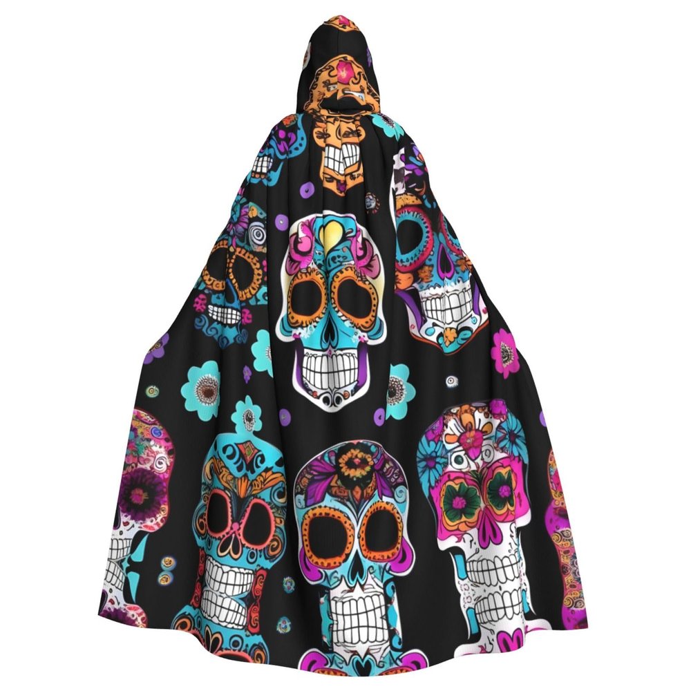 Sugar Skull,Costume Cloak for Adults,Personalized Hooded Cape for Halloween, Cosplay, Stage Costumes, Makeup Parties Black