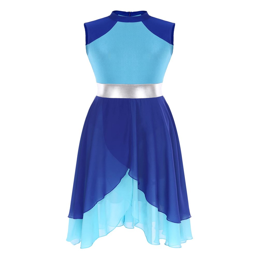 ranrann Women's Asymmetrical Praise Dance Tunic Color Block Sleeveless Liturgical Worship Lyrical Dance Overlay Costume #03Blue Small