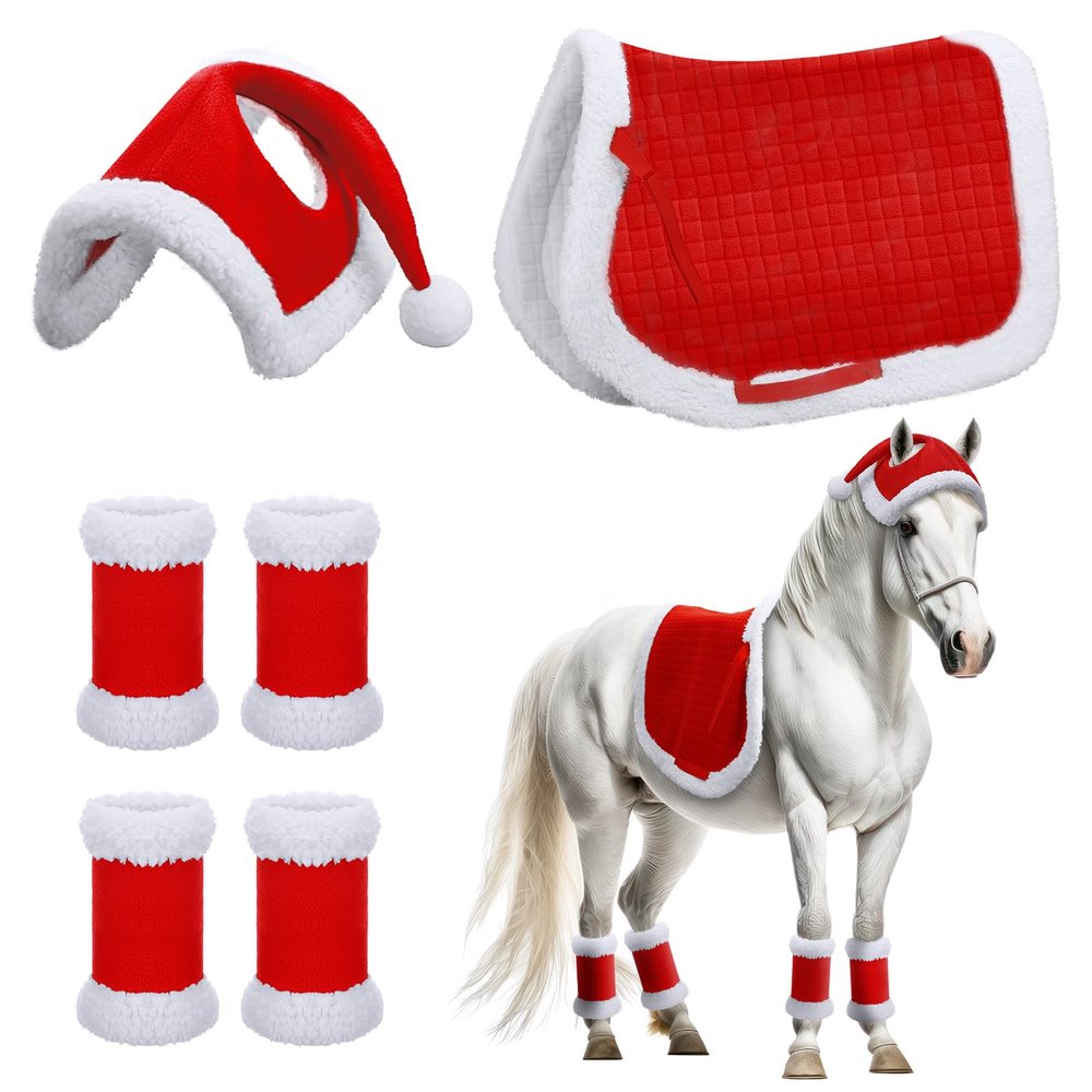Abbylike 6 Pcs Christmas Horse Saddle Pad Holiday Santa Leg Wraps with Faux Fur Jolly Santa Hat for Horses, and All-Purpose Western Saddle Pad Costume Accessories for Holiday Party