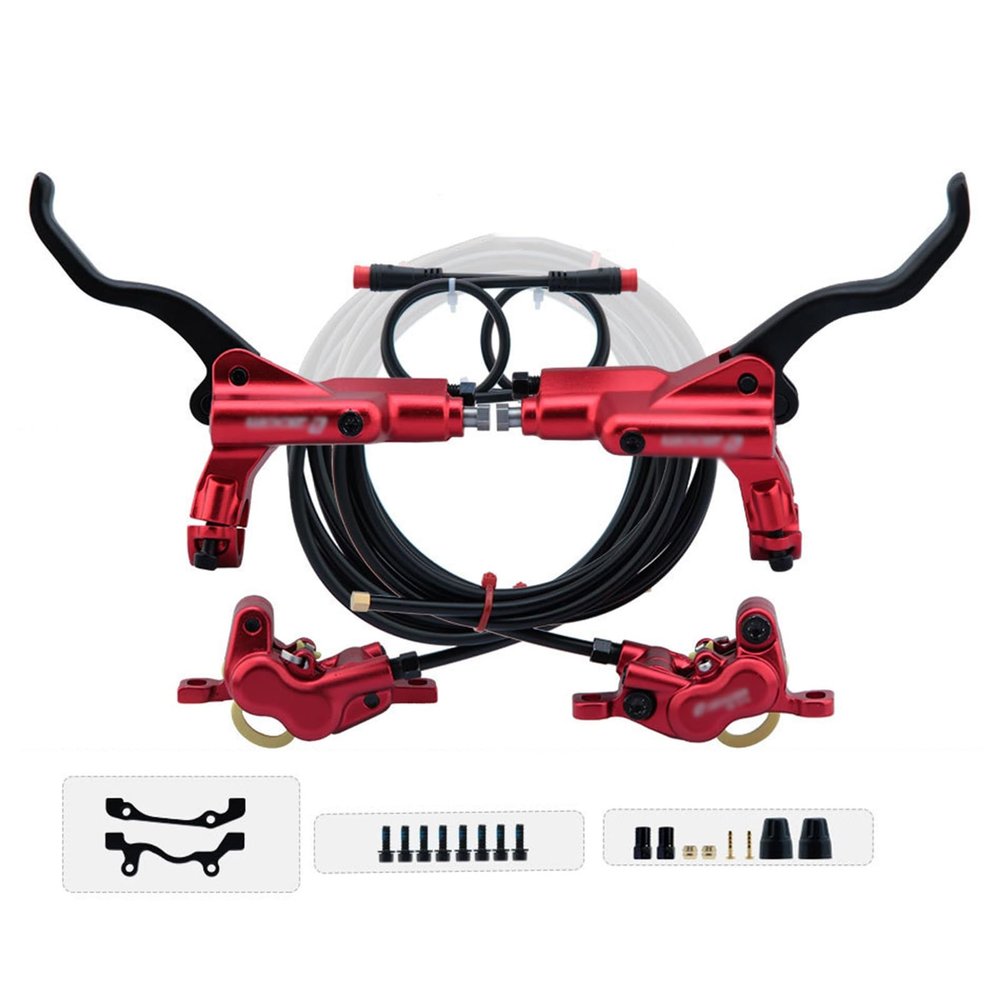 MirOdo E-Bike Hydraulic Disc Brake Set 4-Pistons 2-PIN Power-Off Electric Bike Disc Brake 2300mm Front Rear Hose with Mounting Adapter and Installation Tool (Color : Red)