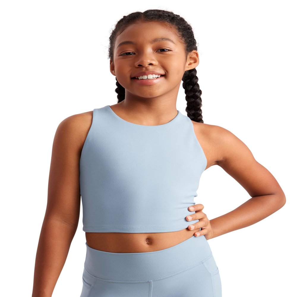 CRZ YOGA Girls Butterluxe Double Lined Racerback Crop Tank Tops - High Neck Dance Yoga Athletic Casual Tight Kids Teen Cambric Blue Medium