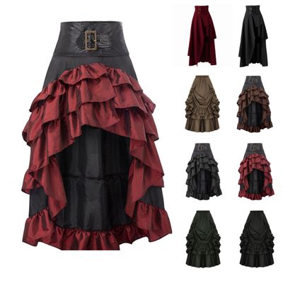 Women Gothic Punk Midi Skirts High Waist A-Line Long Skirt Irregular Hem Vintage Victorian Steampunk Ruched Skirt