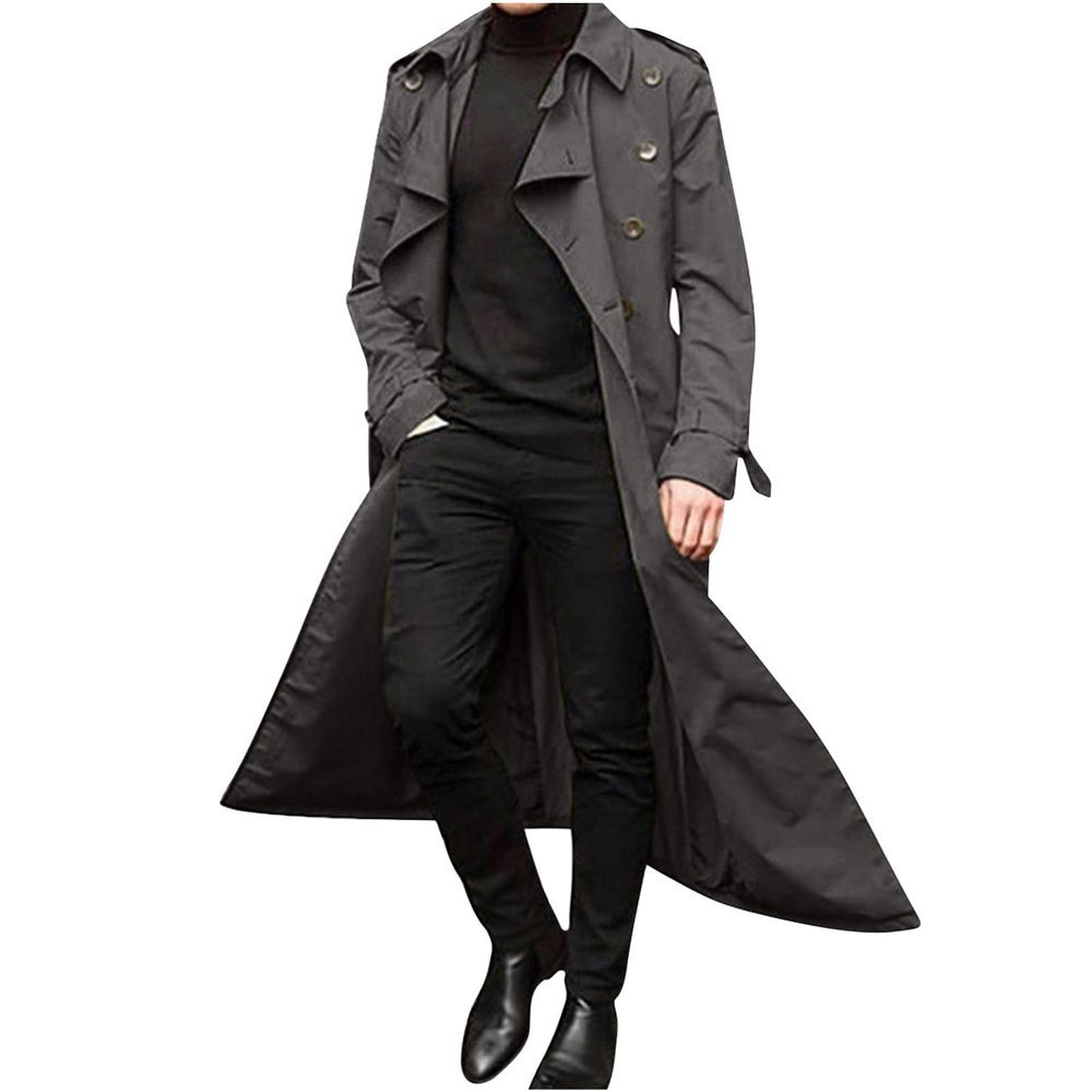 Ctreela Mens Long Trench Coat Business Casual Double Breasted Overcoat Fall Winter Solid Color Windbreaker Lapel Outwear