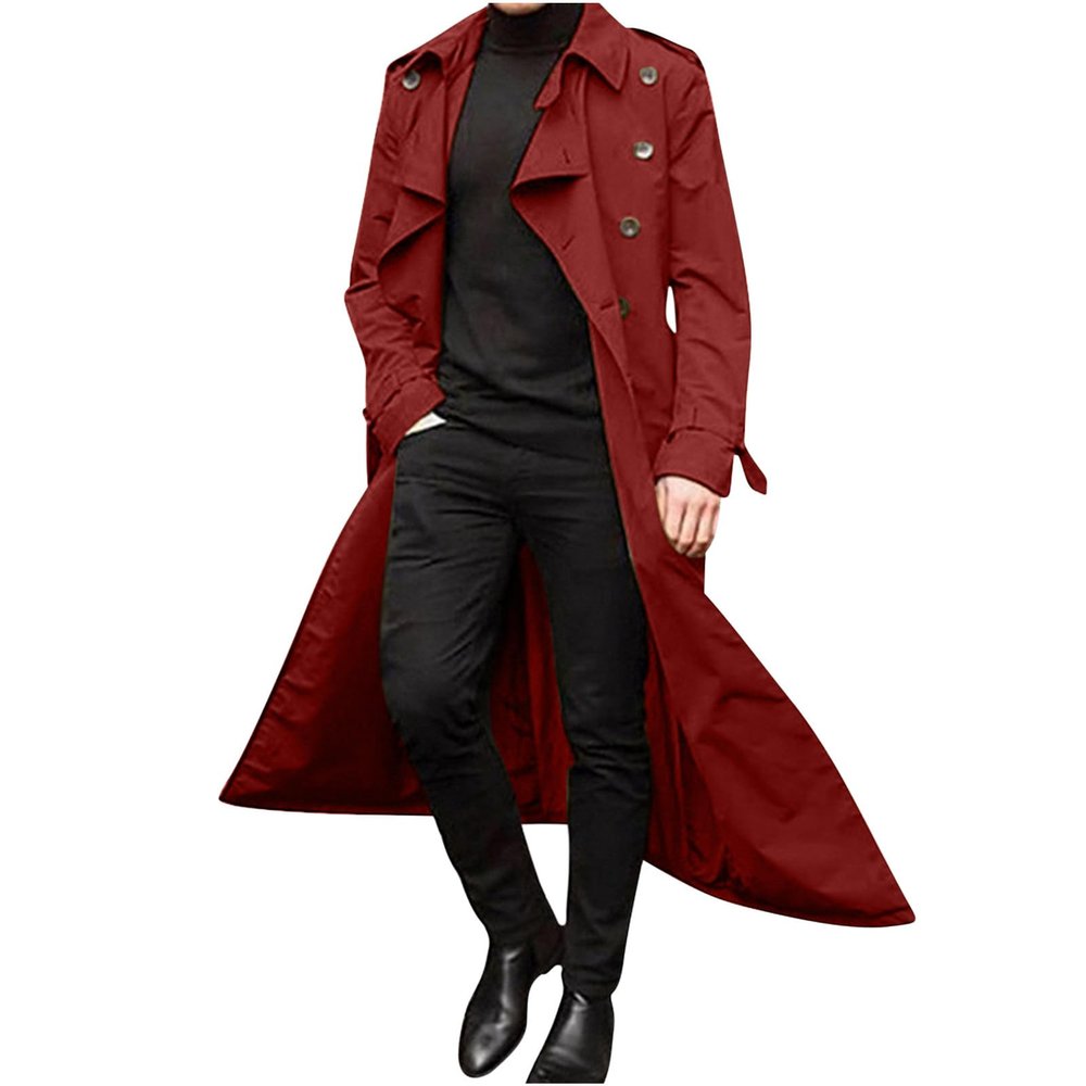 Ctreela Mens Long Trench Coat Business Casual Double Breasted Overcoat Fall Winter Solid Color Windbreaker Lapel Outwear