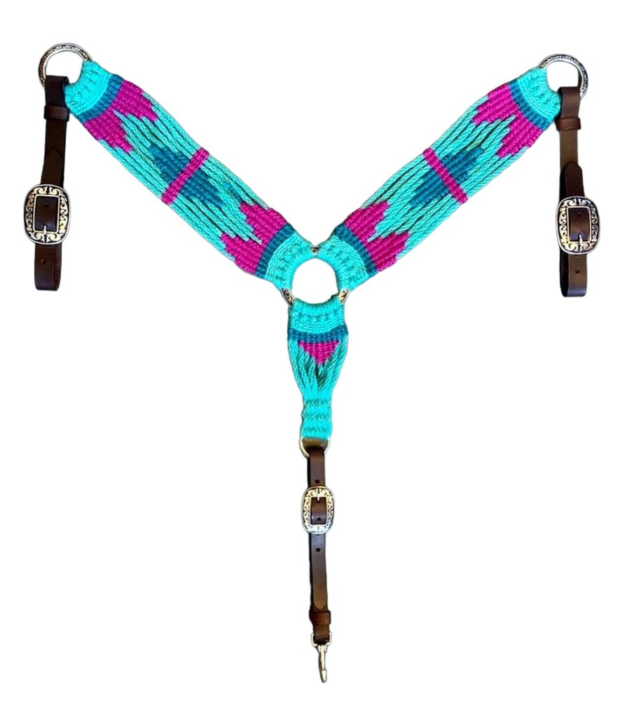 Cheval's International Western Mohair Horse Breast Collar, Handmade Premium Wool & Leather Equestrian Tack, Adjustable, Durable & Comfortable Saddle Breastplate for Horses - Aqua & Pink, Full