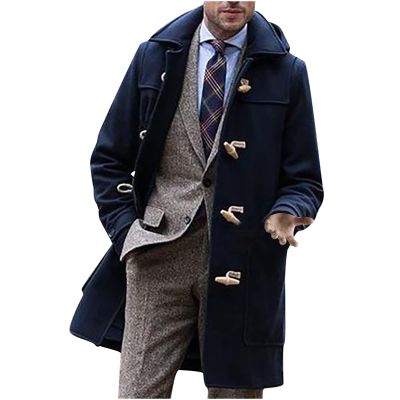 Ctreela Horn Button Pea Coat for Men Fleece Thicken Coat Winter Warm Lapel Jacket Classic Business Trench Overcoat Outwear