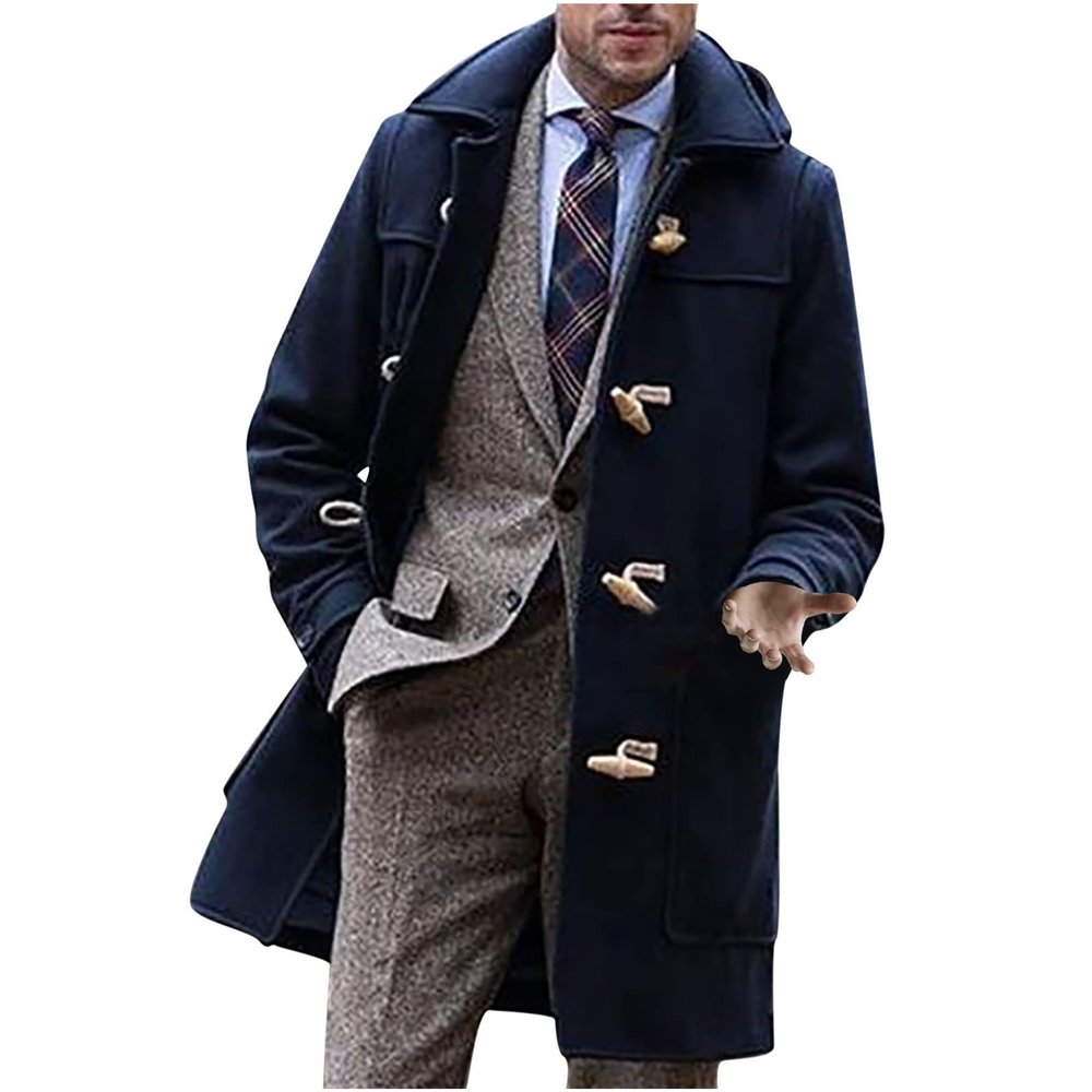 Ctreela Horn Button Pea Coat for Men Fleece Thicken Coat Winter Warm Lapel Jacket Classic Business Trench Overcoat Outwear