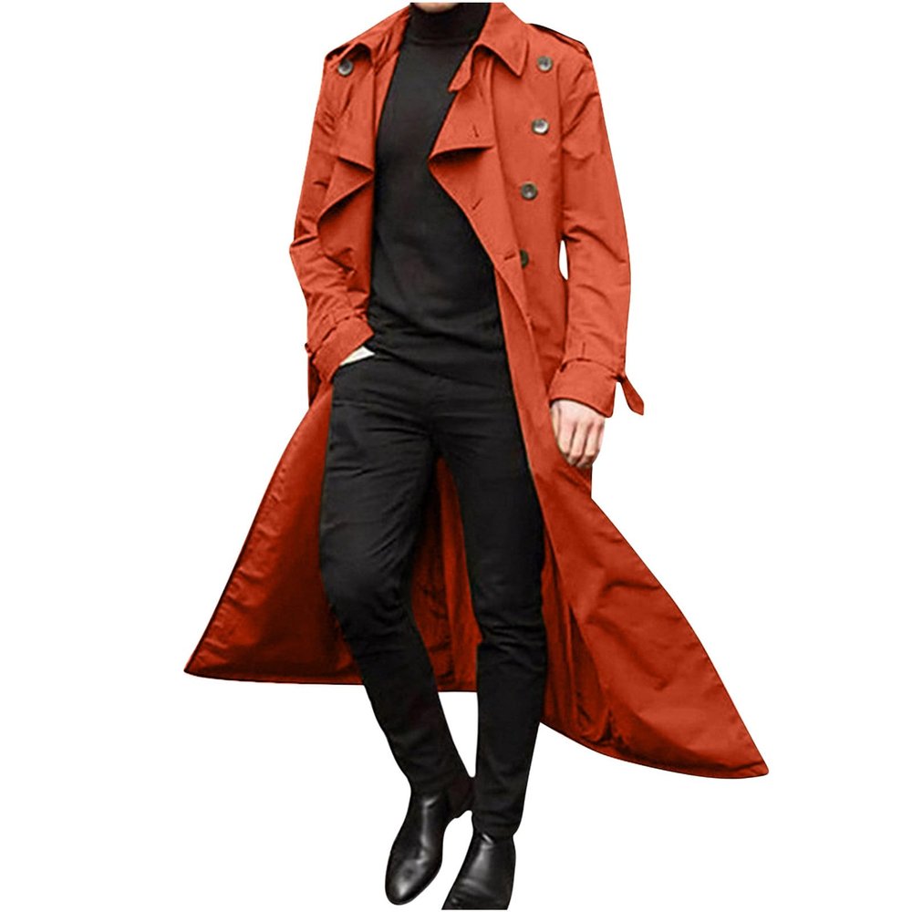 Ctreela Mens Long Trench Coat Business Casual Double Breasted Overcoat Fall Winter Solid Color Windbreaker Lapel Outwear