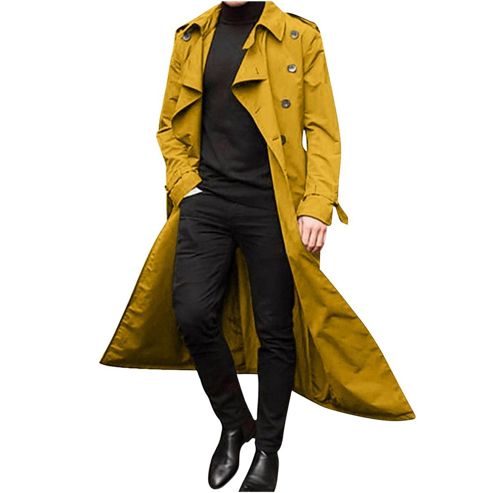 Ctreela Mens Long Trench Coat Business Casual Double Breasted Overcoat Fall Winter Solid Color Windbreaker Lapel Outwear