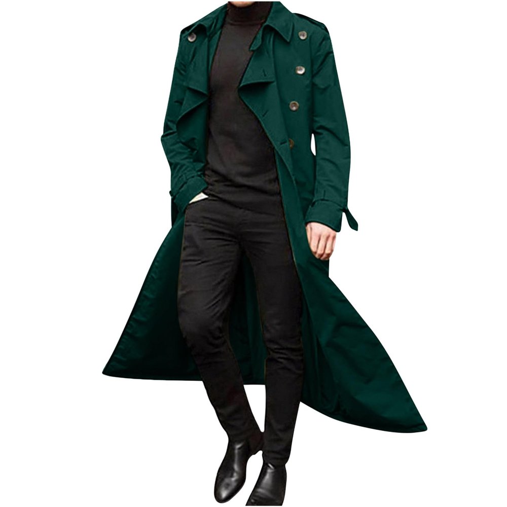 Ctreela Mens Long Trench Coat Business Casual Double Breasted Overcoat Fall Winter Solid Color Windbreaker Lapel Outwear