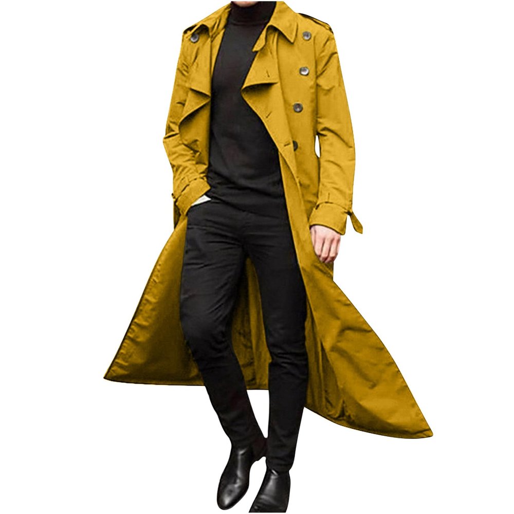 Ctreela Mens Long Trench Coat Business Casual Double Breasted Overcoat Fall Winter Solid Color Windbreaker Lapel Outwear