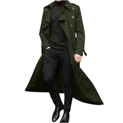 Ctreela Mens Long Trench Coat Business Casual Double Breasted Overcoat Fall Winter Solid Color Windbreaker Lapel Outwear