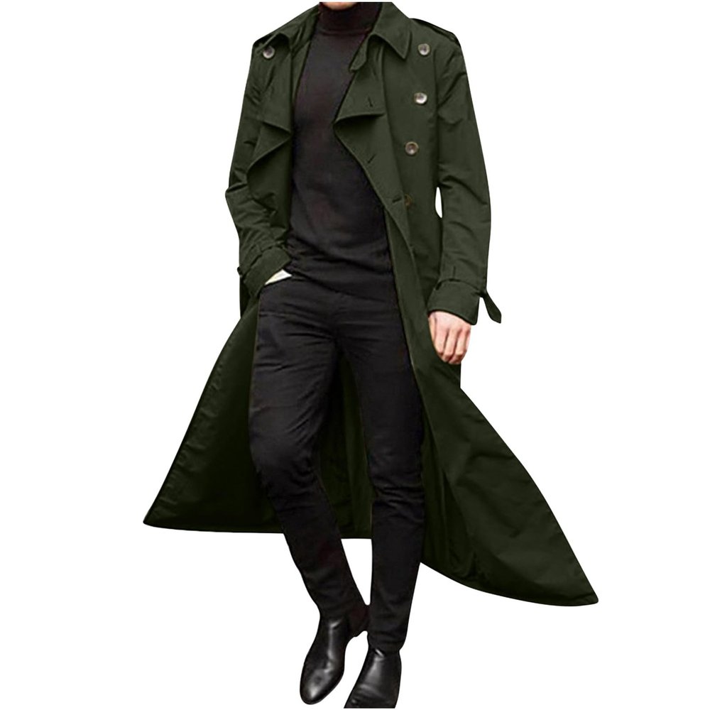 Ctreela Mens Long Trench Coat Business Casual Double Breasted Overcoat Fall Winter Solid Color Windbreaker Lapel Outwear