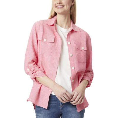 Jones New York Womens Button-Down Rolled Sleeve Shirt Jacket Pink M, Camellia/Nyc White