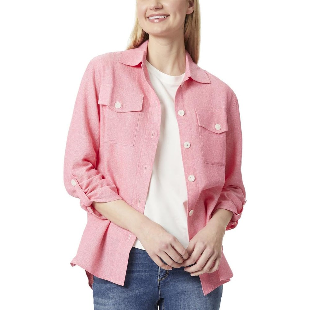 Jones New York Womens Button-Down Rolled Sleeve Shirt Jacket Pink M, Camellia/Nyc White