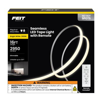 Feit Electric 16 ft LED COB Tape Light, 2950 Lumens Total, 3000K Bright White, Dimmable with Included Remote, Plug-in or Direct Wire Installation, Ultrathin Continuous Strip Lighting, TAPE192/COB/LED