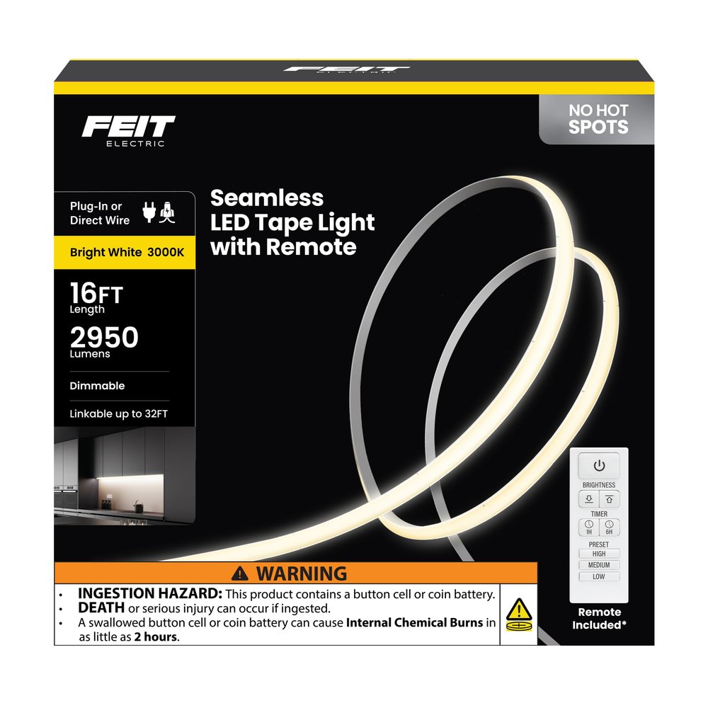 Feit Electric 16 ft LED COB Tape Light, 2950 Lumens Total, 3000K Bright White, Dimmable with Included Remote, Plug-in or Direct Wire Installation, Ultrathin Continuous Strip Lighting, TAPE192/COB/LED