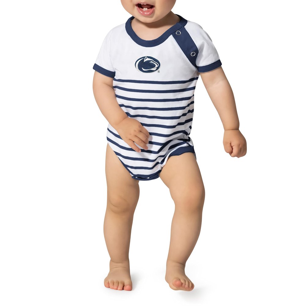 Little King NCAA Striped Bodysuit with Shoulder Snap and Embroidered Logo-Penn State-Navy Trim-12 Months