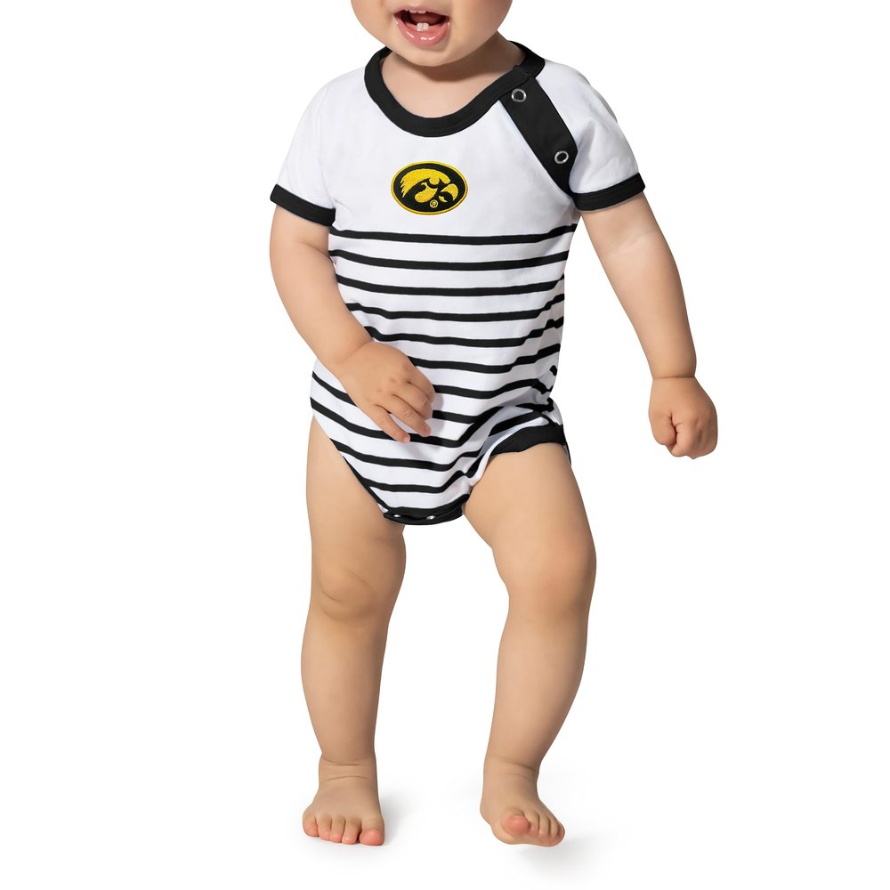 Little King NCAA Striped Bodysuit with Shoulder Snap and Embroidered Logo-Iowa-Black Trim-6 Months