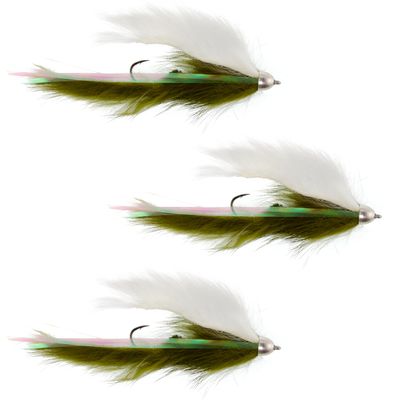 The Fly Fishing Place Dolly Llama Stinger Streamer Flies - 3 Olive and White Salmon Steelhead Trout Alaska Fly Fishing Flies - Hook Size 4
