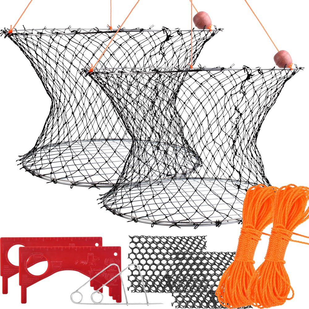 A1FISHER 2 Packs Double Ring Crab Trap Steel Ring Crab Net 24" Top Ring, 20" Bottom Ring with 50' Rope, Bait Bag, Bait Clip, Crab Gauge Measure Kit for Crabbing Dungeness, Rock and Blue Crab
