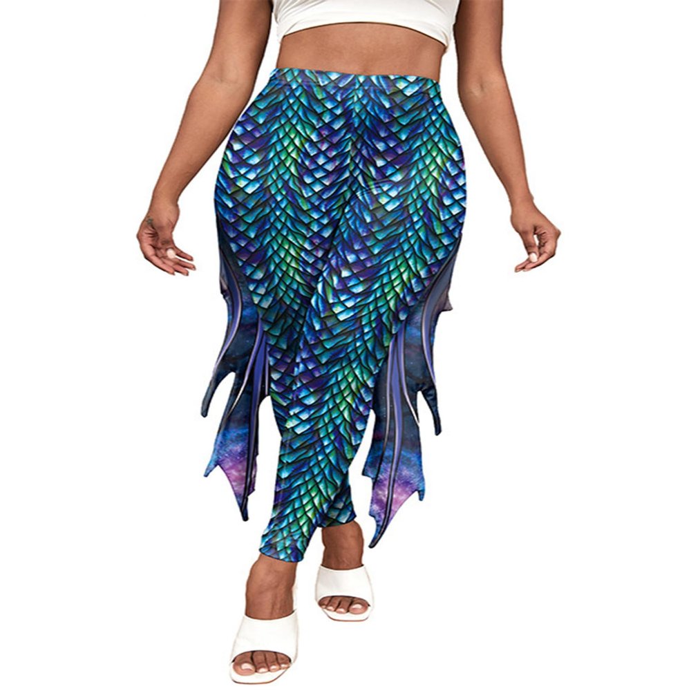 RUNQHUI Women's Halloween Costume 3D Print Mermaid Leggings Fish Scale Compression Pants Rash Guard Fancy Trouser Green X-Large