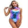 Rswnyirn Women's Metallic Liquid Turtleneck Gymnastics Dance Leotard One Piece High Cut Bodysuits Blue Large view 4