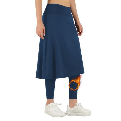 ANIVIVO Women's Knee Length Fleece Lined Leggings with Skirt, Winter Warm Skirted Leggings for Women Zipper Pockets (Navyblue,2XL)