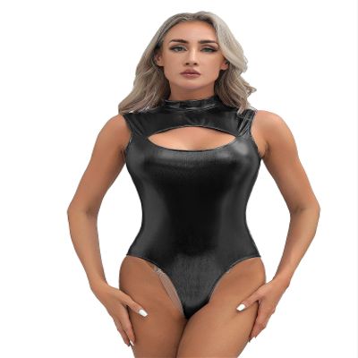 Rswnyirn Women's Metallic Liquid Turtleneck Gymnastics Dance Leotard One Piece High Cut Bodysuits Black Medium