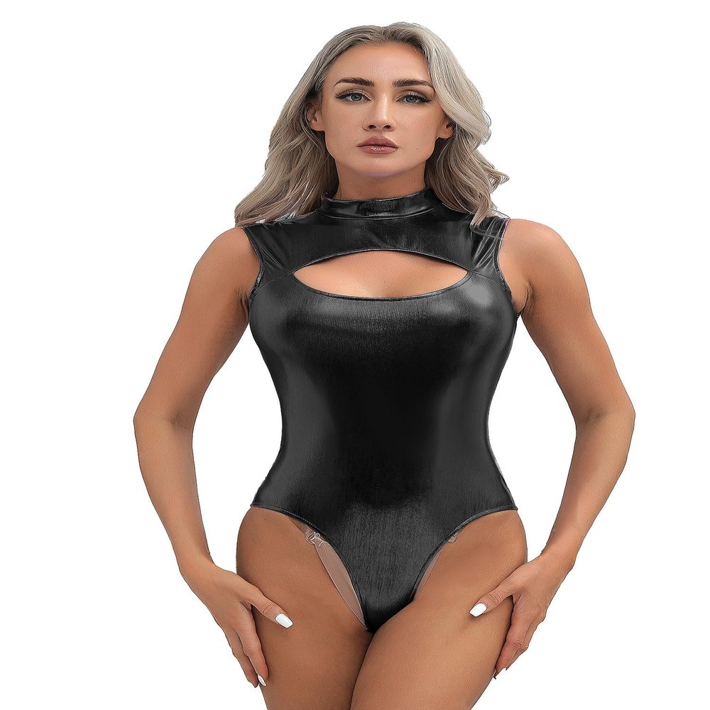 Rswnyirn Women's Metallic Liquid Turtleneck Gymnastics Dance Leotard One Piece High Cut Bodysuits Black Medium