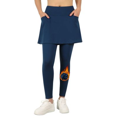 ANIVIVO Fleece Lined Skirted Leggings for women with Pockets, Tennis Yoga Winter Warm Leggings with Skirt High Waisted(Allnavy,M)