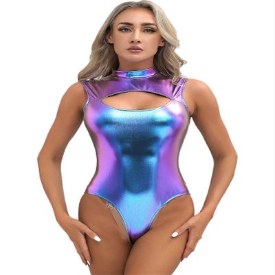 Rswnyirn Women's Metallic Liquid Turtleneck Gymnastics Dance Leotard One Piece High Cut Bodysuits Blue XX-Large