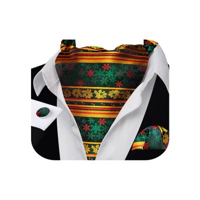 Barry.Wang Christmas Ascot Men Tie Set Yellow Green Red Snowflakes Cravat Self Scarf Neckties Pocket Square Cufflinks Xmas Gift Party Holiday Festival