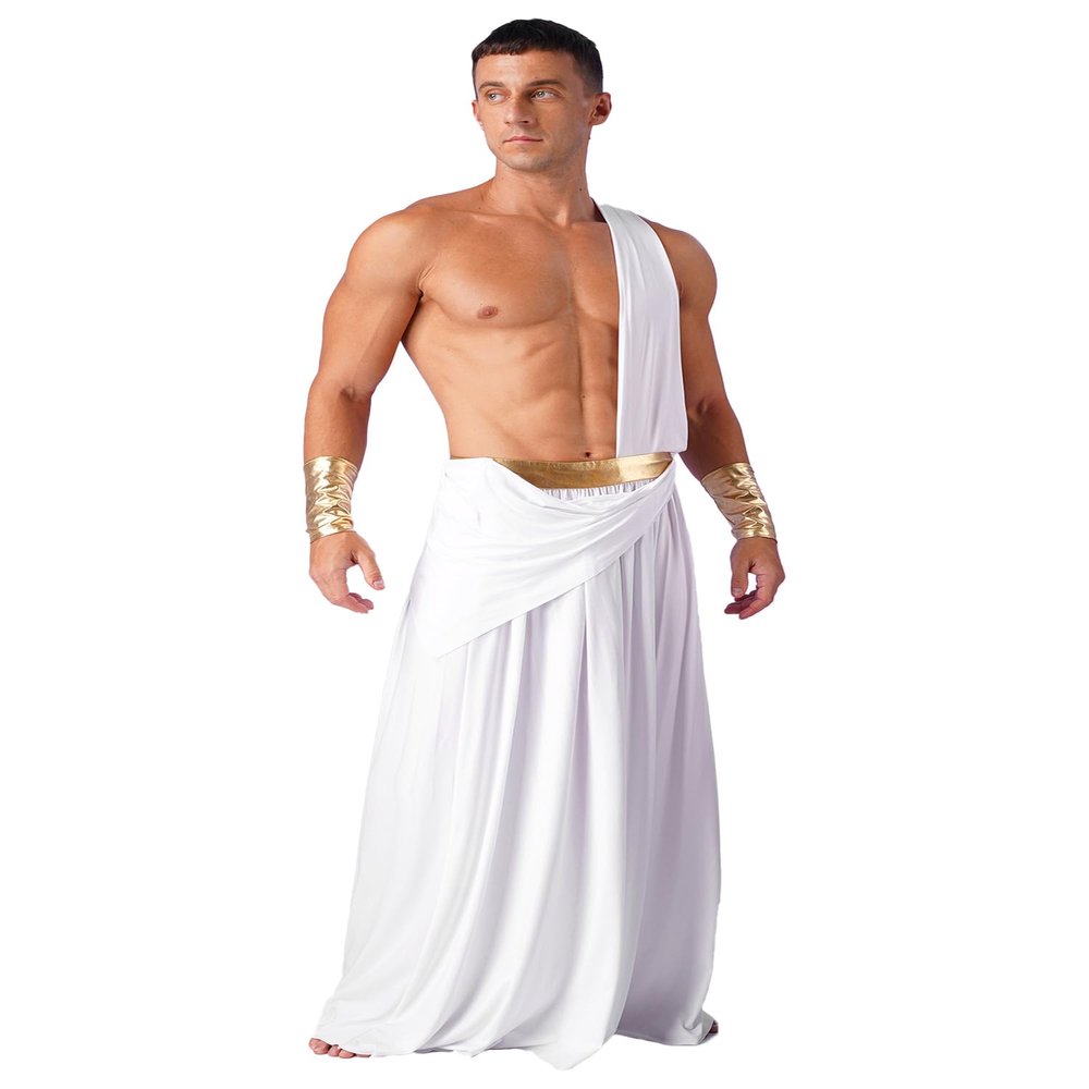RUNQHUI Mens Greek God Costume Roman Toga Ancient Caesar Outfits One Shoulder Warrior Halloween Cosplay Dress up Long Skirt White XX-Large