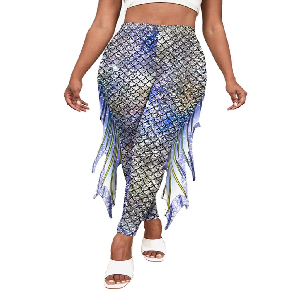 RUNQHUI Women's Halloween Costume 3D Print Mermaid Leggings Fish Scale Compression Pants Rash Guard Fancy Trouser Gold&Blue Small