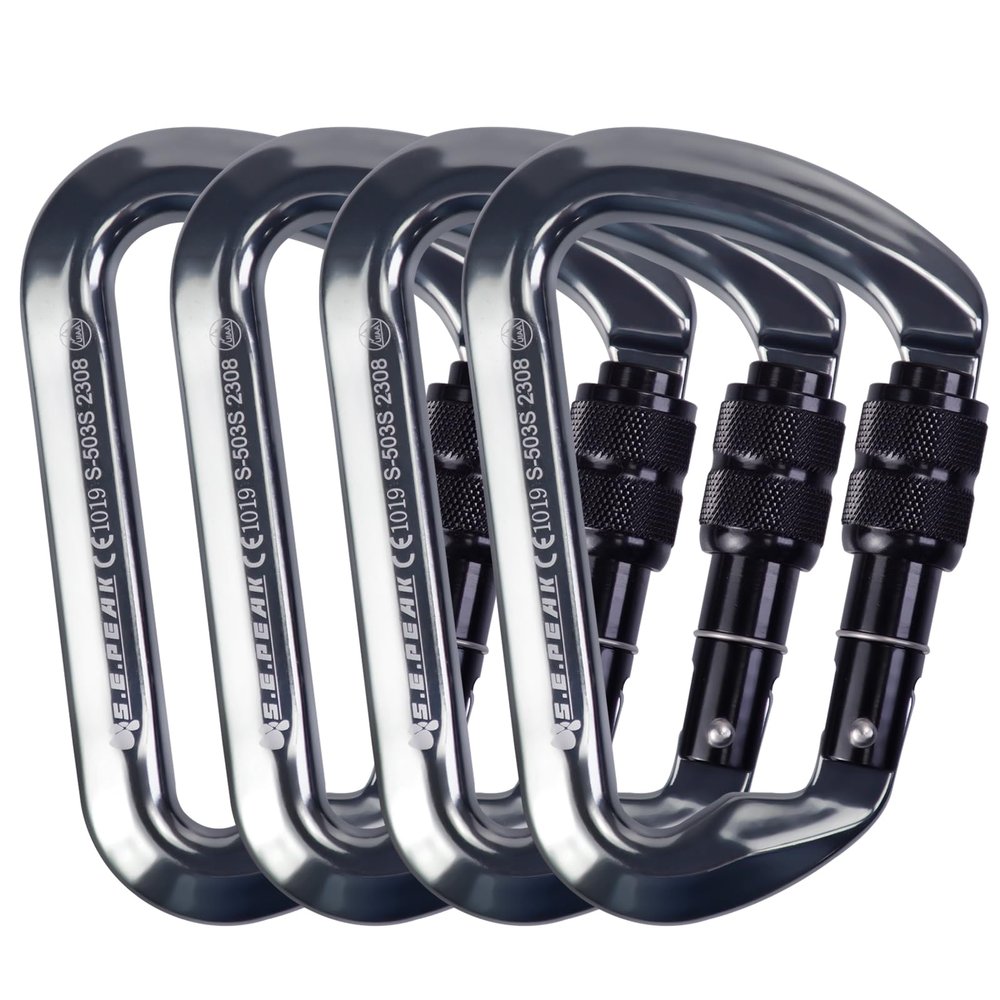 SEPEAK UIAA CE 30kN Locking Climbing Carabiner, Professional Heavy Duty Screwgate Clip for Outdoor Climbing, Mountaineering, Rappelling, Camping, Hiking, Large D Carabiner Hook/6744lb,Black,4pc