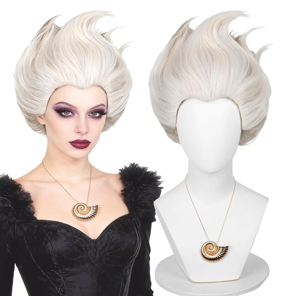 Aicos 2 Tone Gray Sea Witch Cosplay Wig with Shell Necklace for Women Halloween Costume Crazy Wig Hair Fits All+Wig Cap
