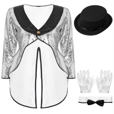 Jugaoge Women Sequin Tuxedo Jacket Tails Slim Fit Tailcoat Dress Coat Swallowtail Dinner Party Jacket Silver A Small