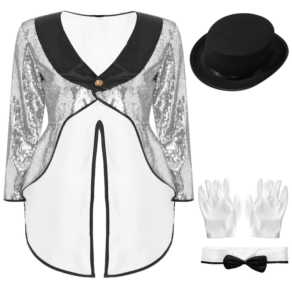 Jugaoge Women Sequin Tuxedo Jacket Tails Slim Fit Tailcoat Dress Coat Swallowtail Dinner Party Jacket Silver A Small