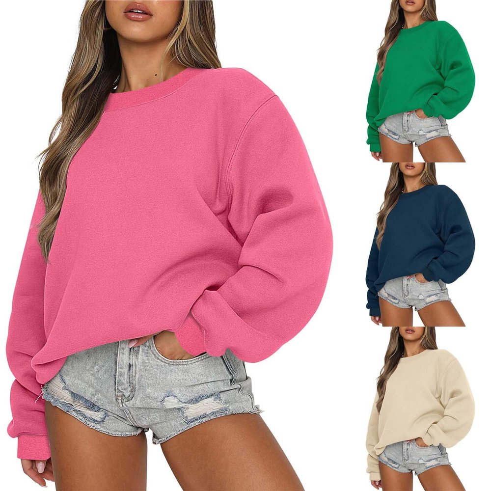 2023 Hoodies for Women Aesthetic Oversized Crewneck Sweatshirt Women Fall Fashion 2023 Long Sleeve Drop Shoulder Hoodie Sweatshirts Casual Pullover Tops Hot Pink XL