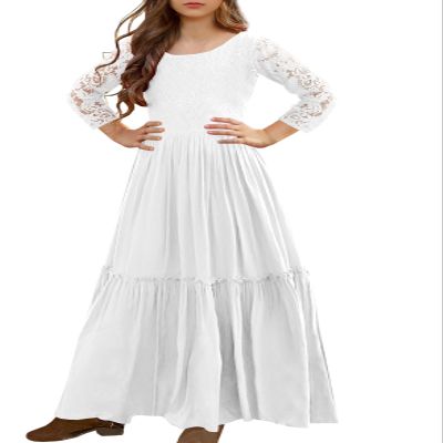 MITILLY Girls Lace Flower 3/4 Sleeve Ruffle A-Line Swing Wedding Party Long Maxi Dress with Pockets 10 Years White