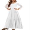 MITILLY Girls Lace Flower 3/4 Sleeve Ruffle A-Line Swing Wedding Party Long Maxi Dress with Pockets 10 Years White view 1