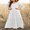 MITILLY Girls Lace Flower 3/4 Sleeve Ruffle A-Line Swing Wedding Party Long Maxi Dress with Pockets 8 Years White view 2