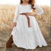 MITILLY Girls Lace Flower 3/4 Sleeve Ruffle A-Line Swing Wedding Party Long Maxi Dress with Pockets 8 Years White view 3